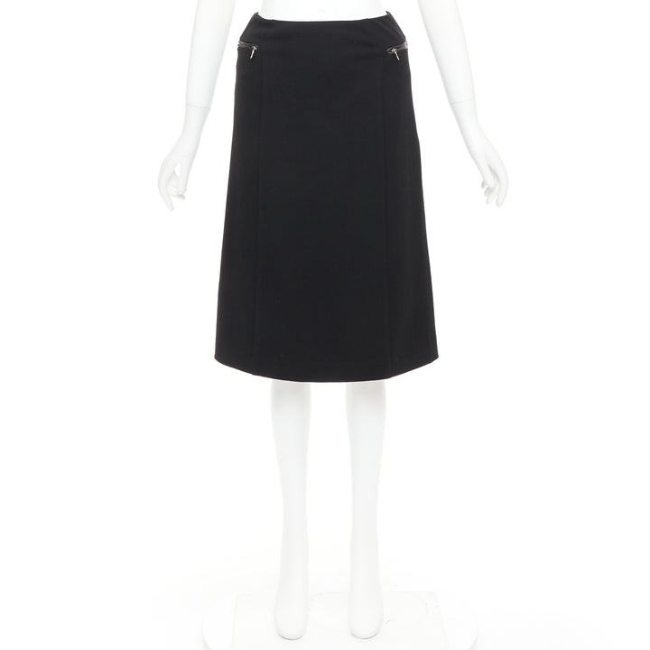 PRADA Vintage black wool minimal linear leather trim zip pocket skirt IT38 XS