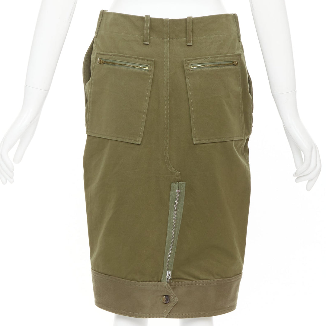 CELINE 2010 khaki green cotton patchwork pocket zipper cargo skirt FR40 L