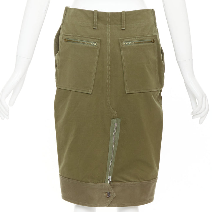 CELINE 2010 khaki green cotton patchwork pocket zipper cargo skirt FR40 L