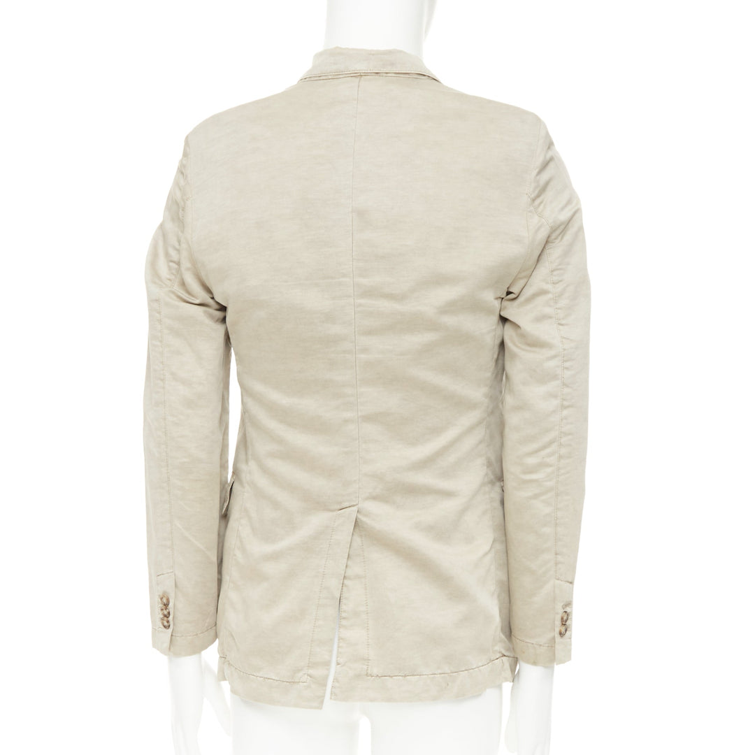 PRADA beige coated linen cotton flap pockets two button relaxed blazer IT48 M