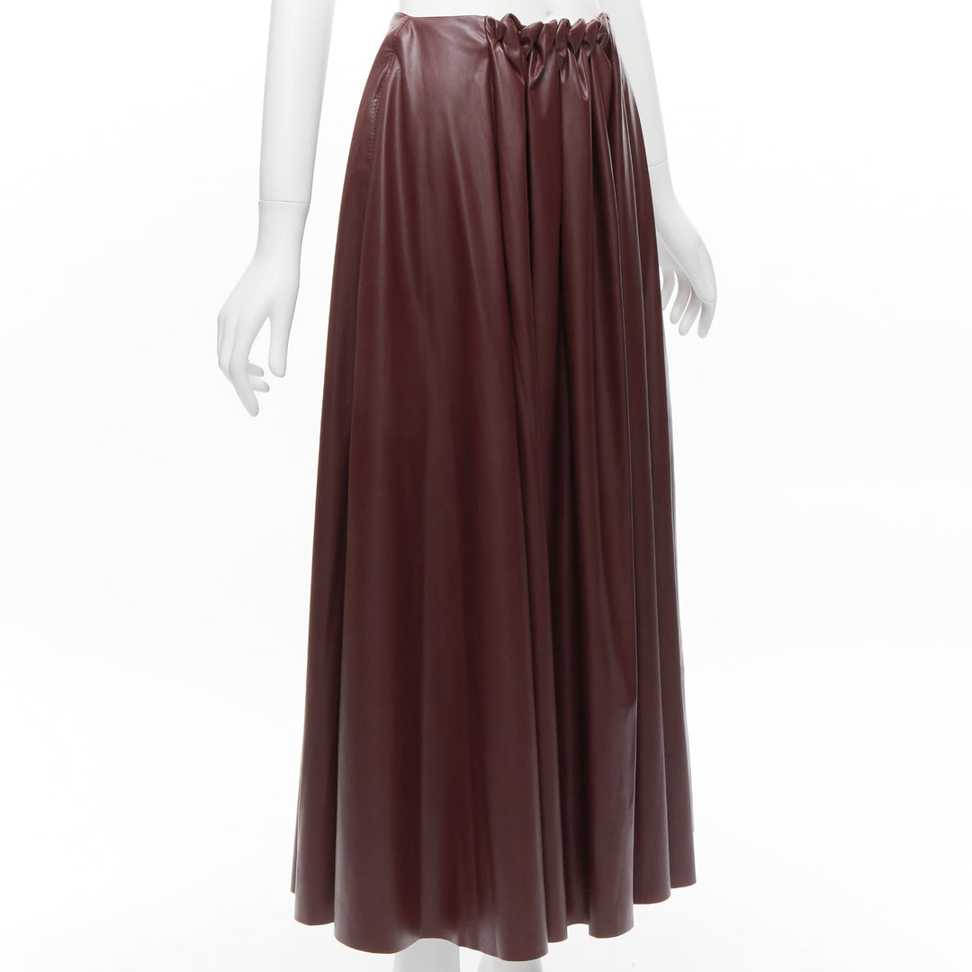 ROKSANDA burgundy faux leather wool lined ruched waist A-line midi skirt UK8 S
