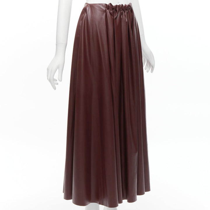 ROKSANDA burgundy faux leather wool lined ruched waist A-line midi skirt UK8 S
