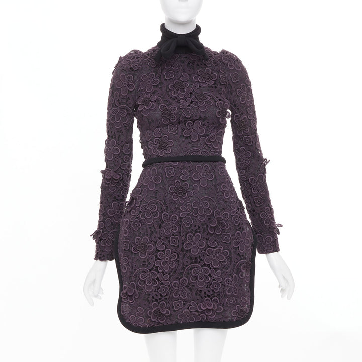 MIU MIU 2010 Runway lilac purple 3D crochet flower lace bow collar mini dress S