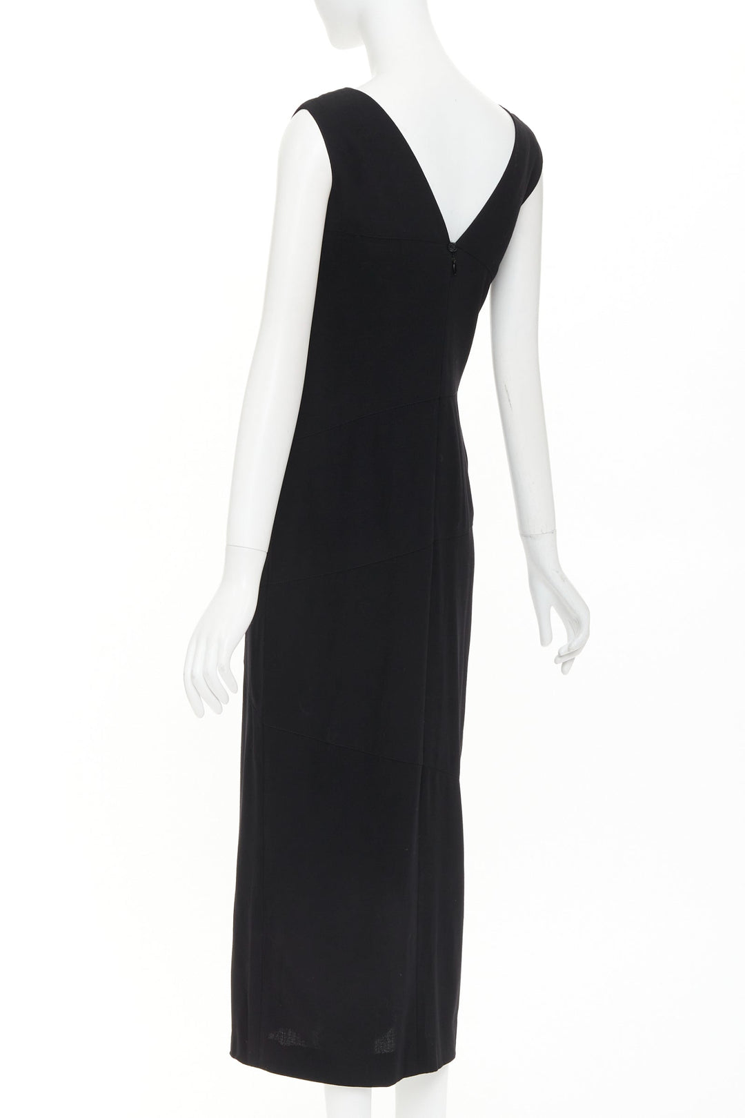 CHANEL 1998 asymmetric surplice black wool crepe cocktail sheath dress FR38 M