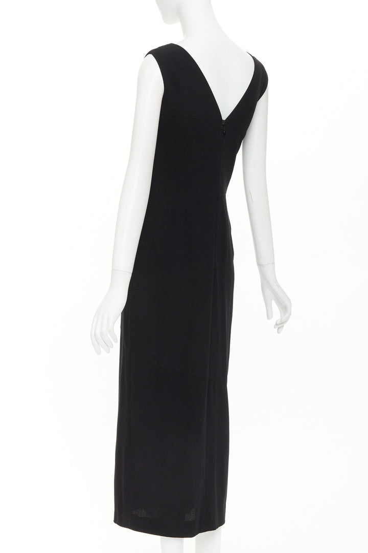 CHANEL 1998 asymmetric surplice black wool crepe cocktail sheath dress FR38 M