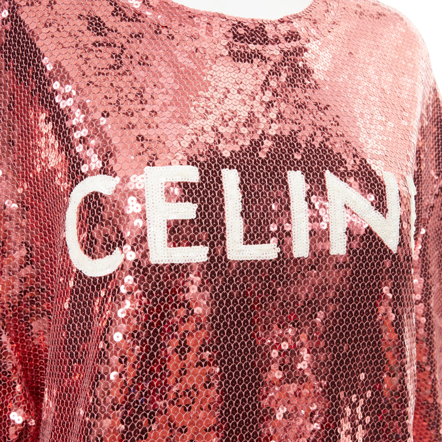 CELINE 2022 Runway rose pink white sequin logo oversized jersey tshirt M