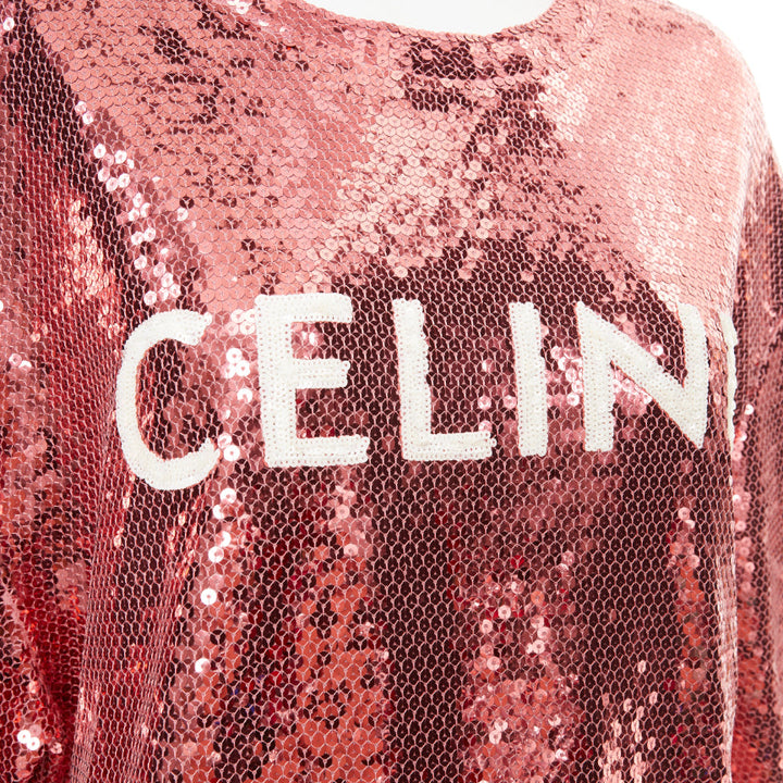 CELINE 2022 Runway rose pink white sequin logo oversized jersey tshirt M