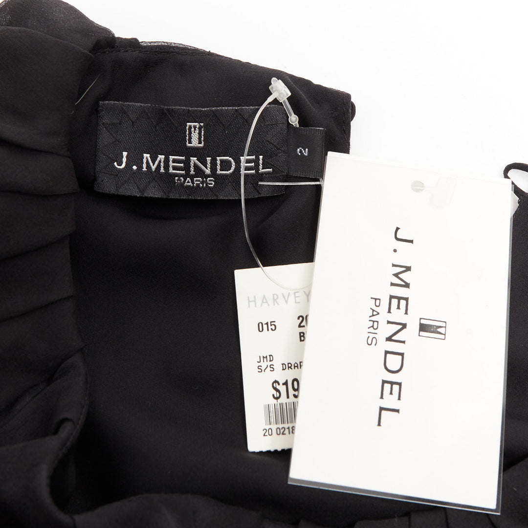 J MENDEL Chiffon Draped Top black beads embellished asymmetric blouse top US2 S