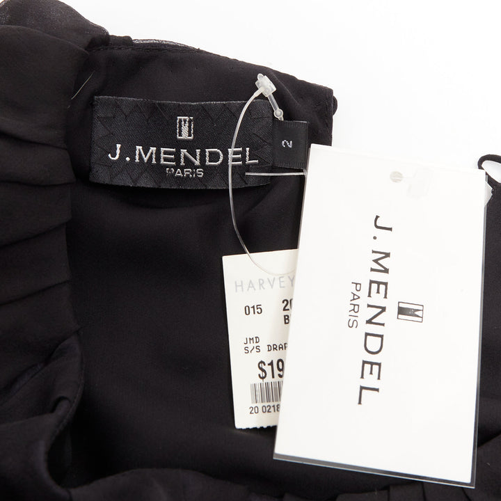 J MENDEL Chiffon Draped Top black beads embellished asymmetric blouse top US2 S