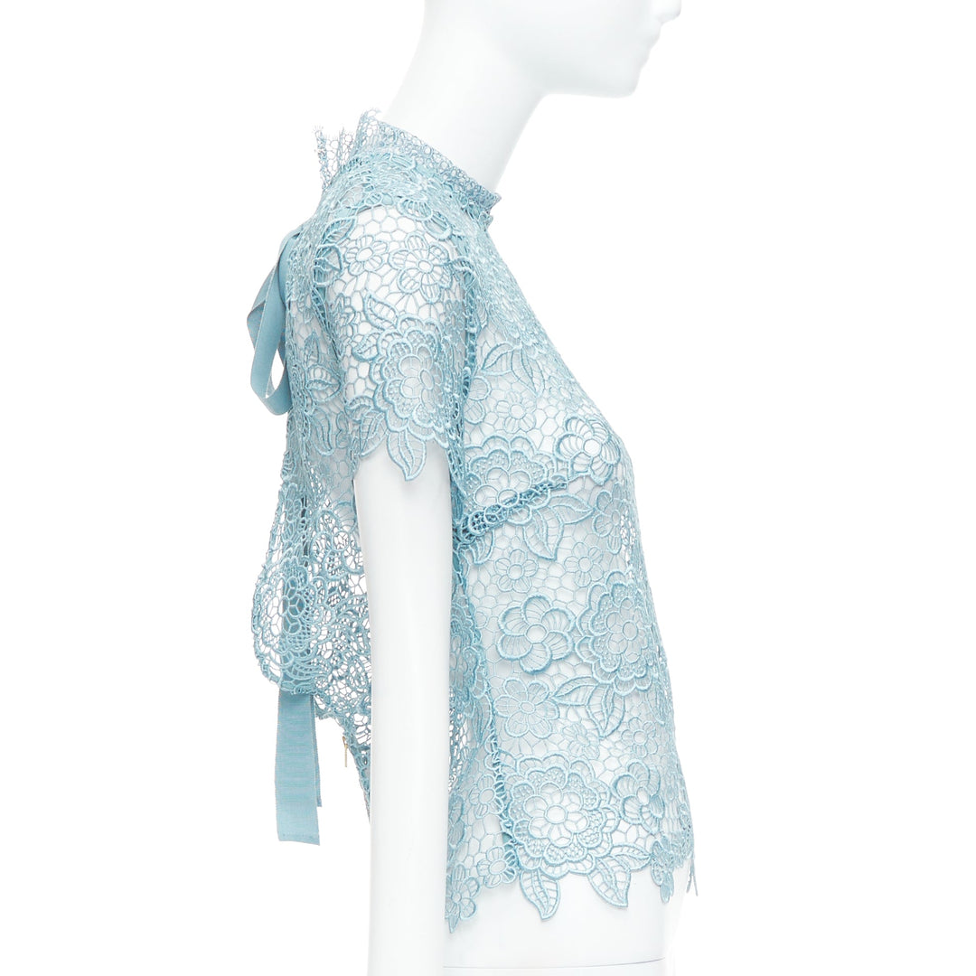 SELF PORTRAIT Guipure sky blue lace open-back scallop top UK6 XS