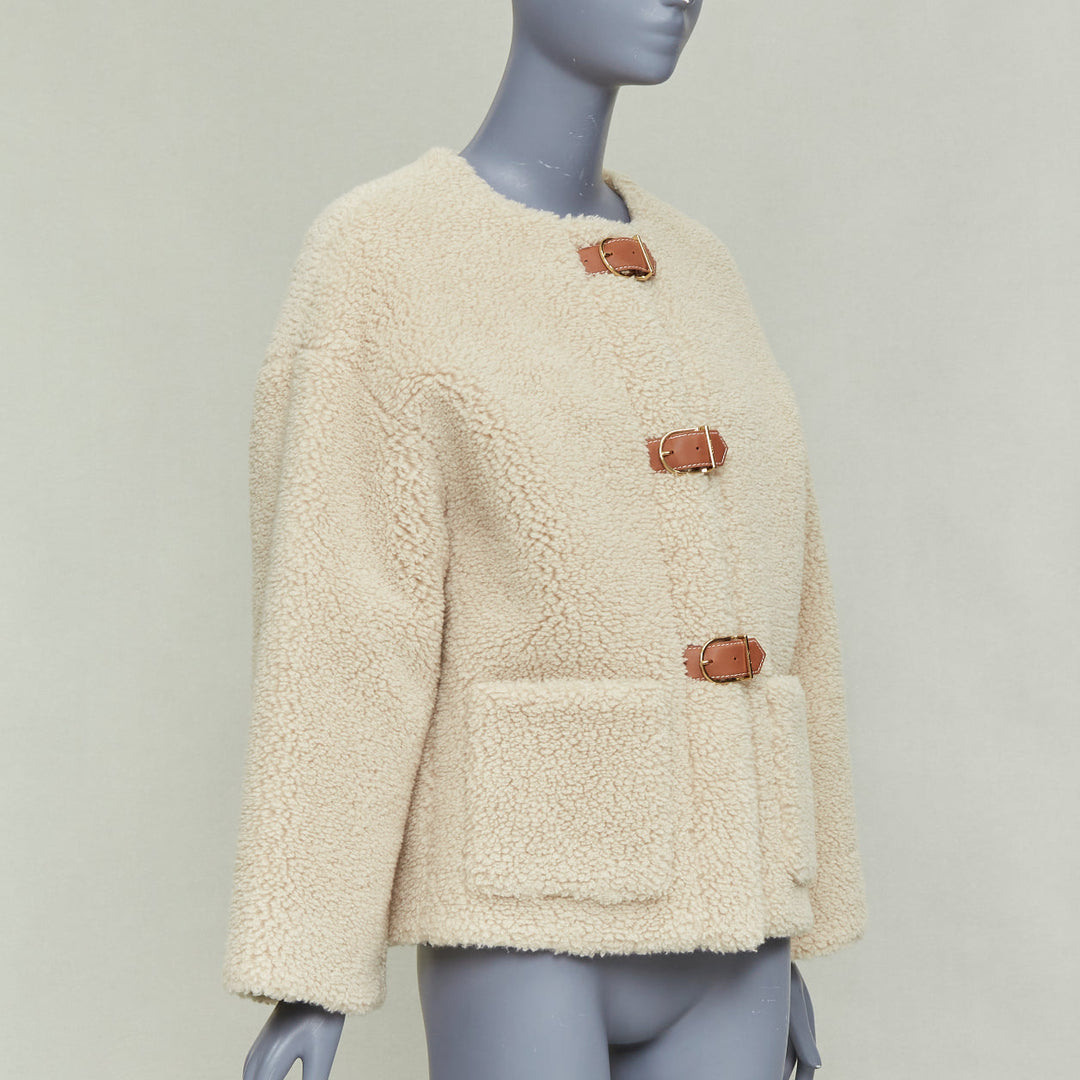 CELINE Teddy ecru cashmere silk brown calfskin leather trim buckled coat FR34 XS