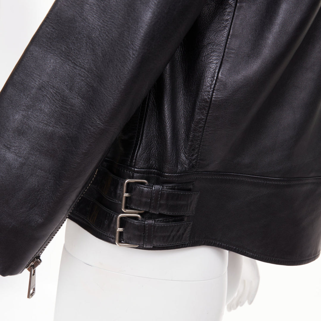 GUCCI 2016 black lambskin leather faux pearl ruffle collar biker jacket IT40 S
