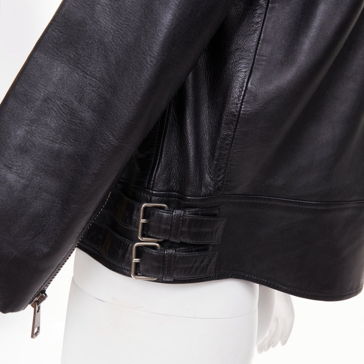 GUCCI 2016 black lambskin leather faux pearl ruffle collar biker jacket IT40 S