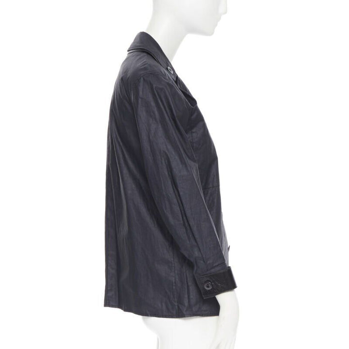 BOTTEGA VENETA black coated linen patent strapped cuff casual worker jacket IT36