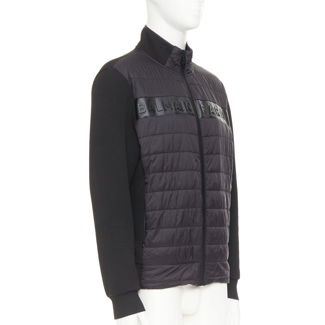BALMAIN black mixed quilted puffer logo neoprene sleeves zip up jacket EU50 L
