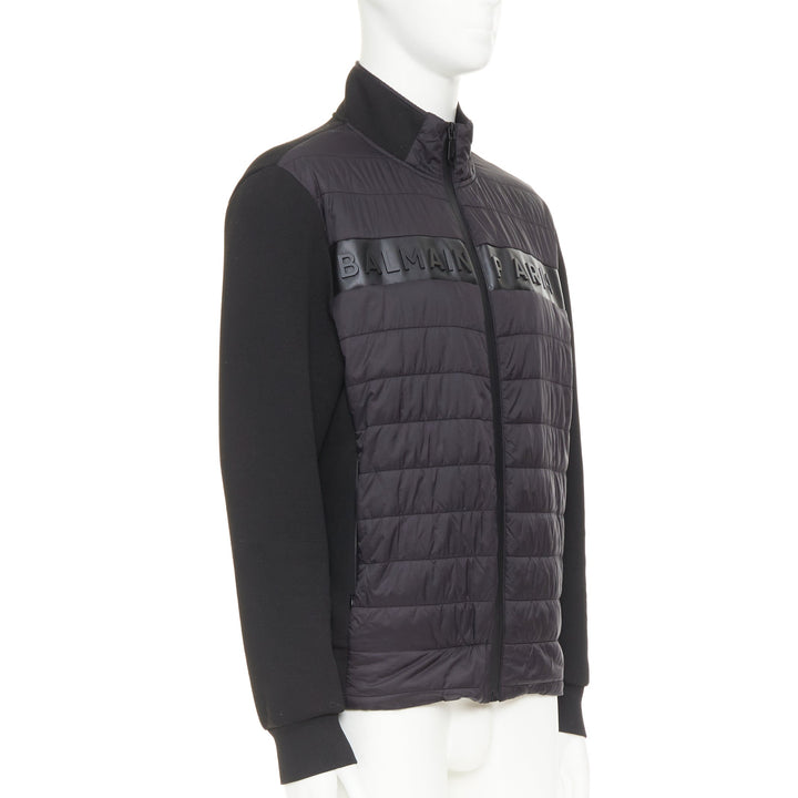 BALMAIN black mixed quilted puffer logo neoprene sleeves zip up jacket EU50 L