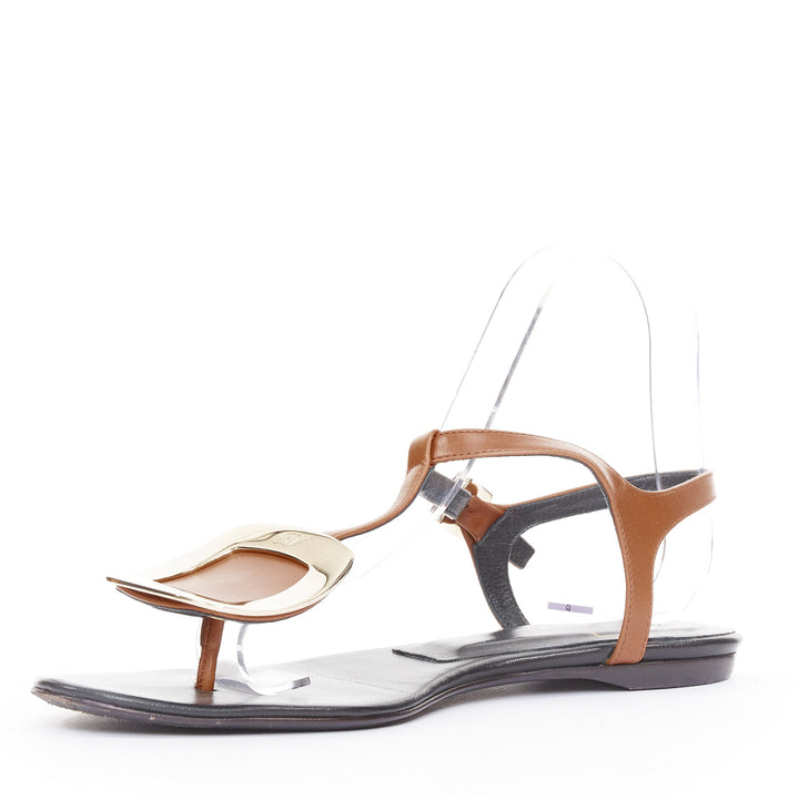 ROGER VIVIER Chips brown leather gold buckle tstrap comfort thong sandals EU37