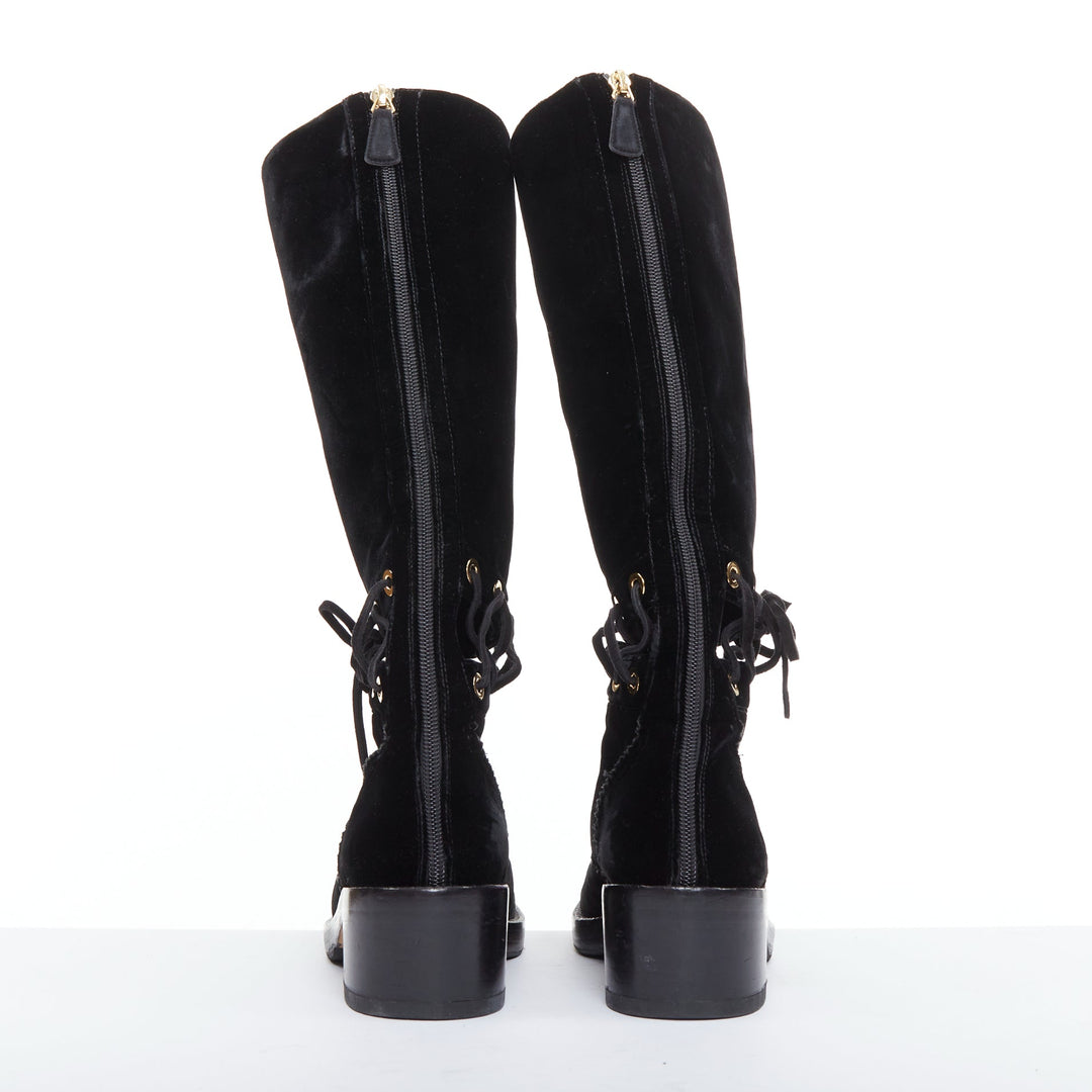 CHANEL 2016 Runway black velvet CC cap toe First Corset laced riding boots EU37