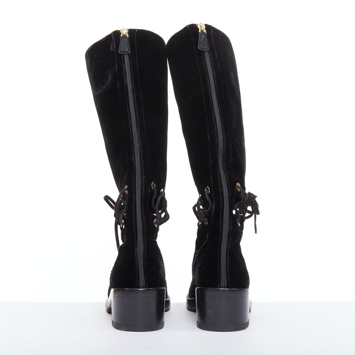 CHANEL 2016 Runway black velvet CC cap toe First Corset laced riding boots EU37