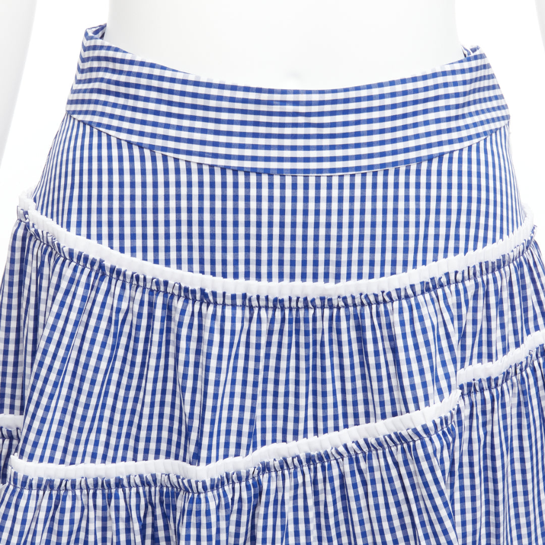 ANAIS JOURDEN blue white gingham print tiered ruffle seam maxi skirt FR36 S