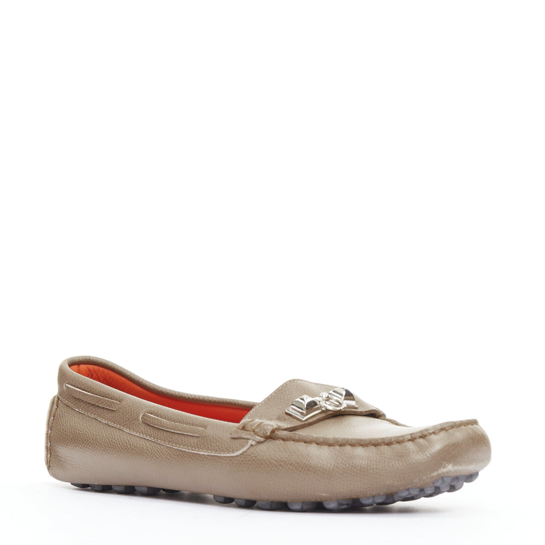 HERMES Irving stone taupe leather silver stud driving loafers EU35.5