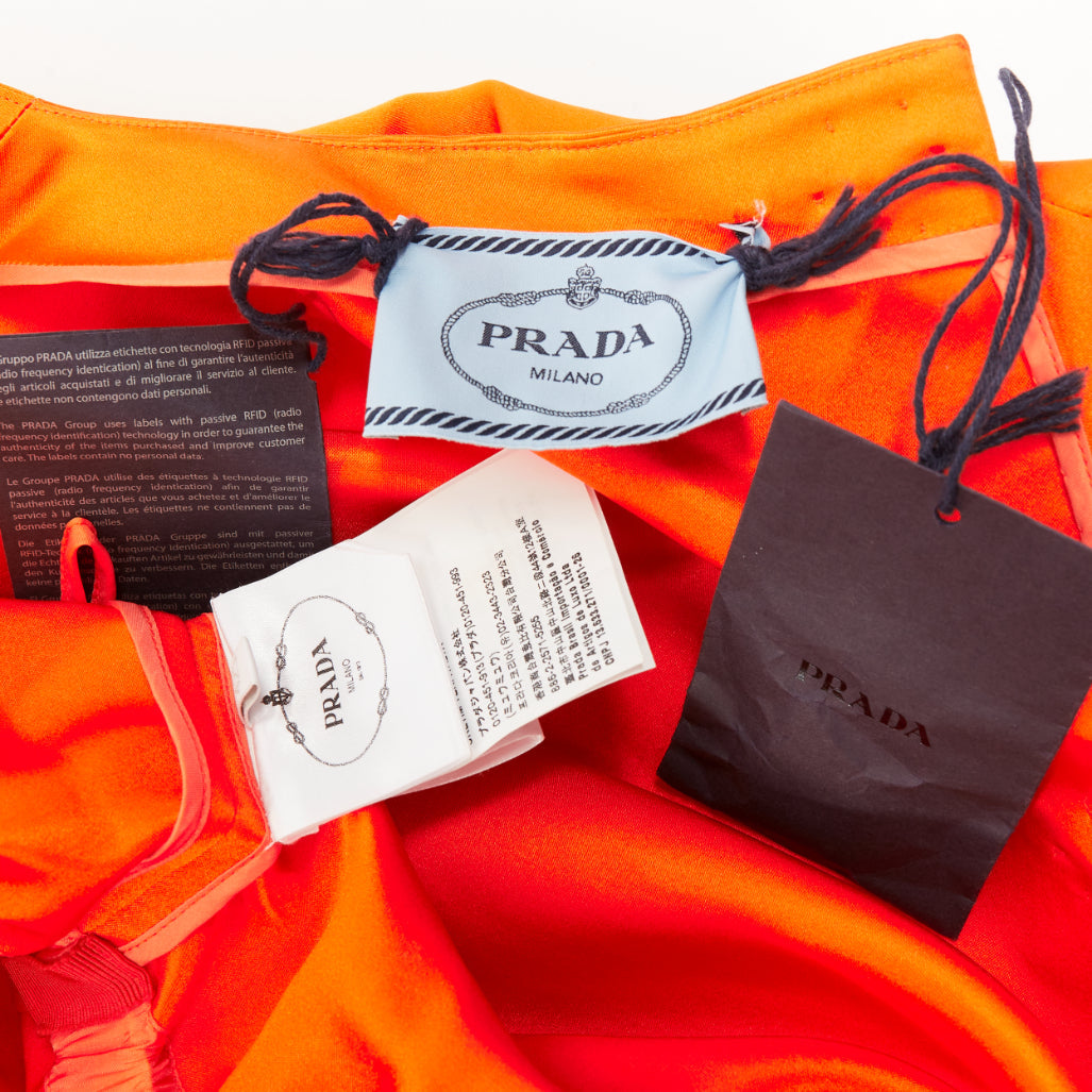 PRADA 2022 Runway orange satin triangle patch internal belt undone dress IT42