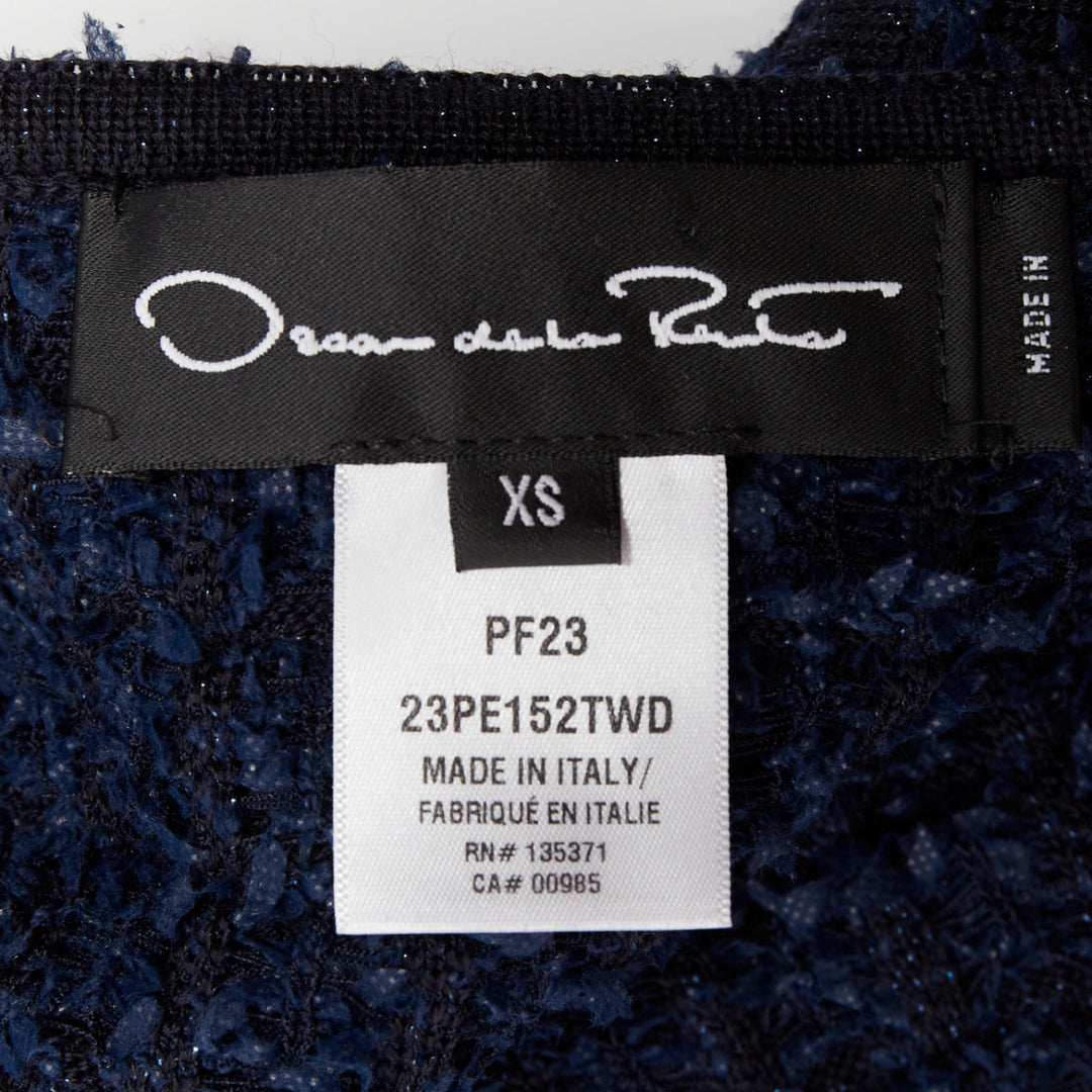 OSCAR DE LA RENTA 2023 navy blue wool tweed sequin fringe hem jacket XS