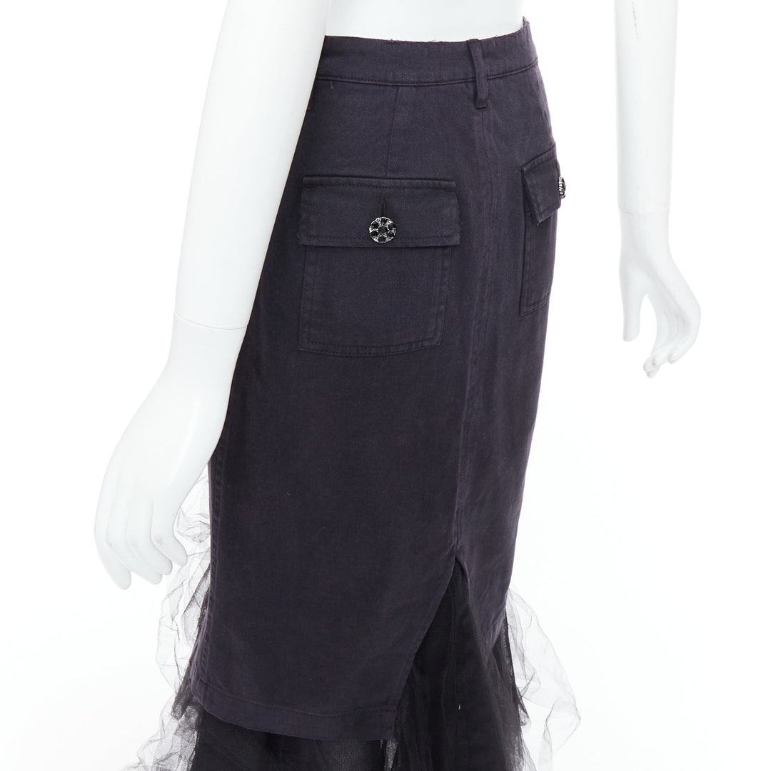 LE SUPERBE black denim tulle hem overlay crystal button midi skirt US0 XS