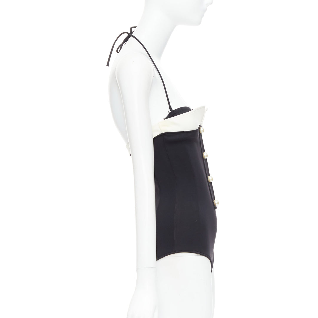 CHANEL white logo faux pearl black white collared halter one pc swimsuit FR34 XS