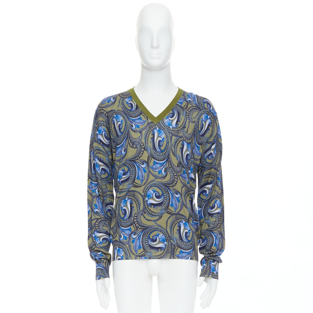 VERSACE green khaki blue baroque print V neck sweater IT52 XL