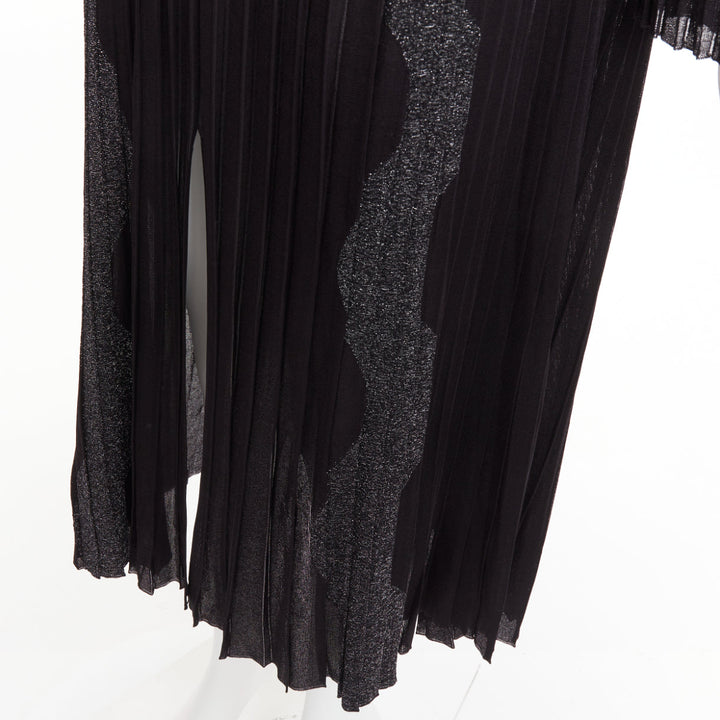 CHANEL black silver glitter CC resin button plisse sheer wave midi dress FR38 M