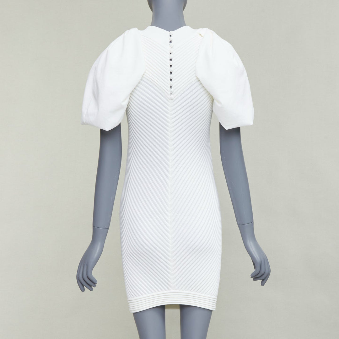 CHANEL 09P white cotton blend chevron puff sleeve CC buttons knit dress FR34 XS