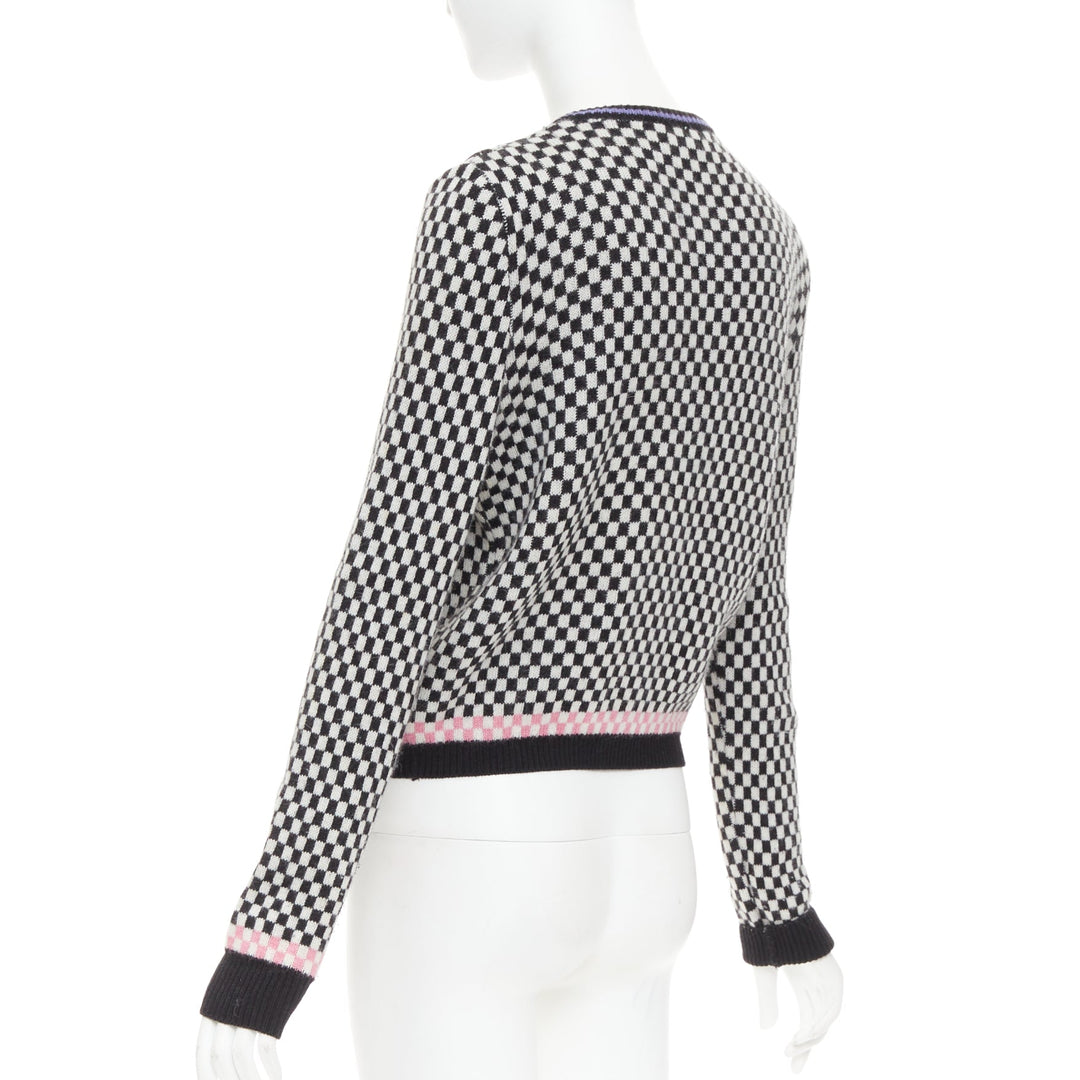 GIANNI VERSACE Vintage wooly checkered pink purple trim cardigan IT42 M