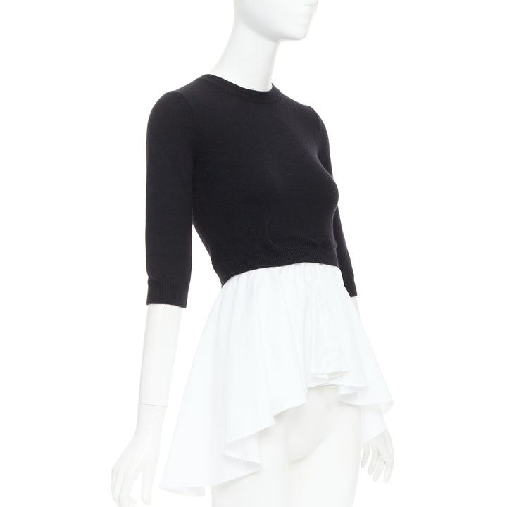 ALEXANDER MCQUEEN black wool cashmere sweater white cotton peplum top XXS