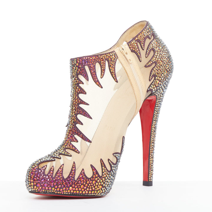 rare CHRISTIAN LOUBOUTIN Marale Boot 140 Suede Vulcano strass crystal mesh EU38