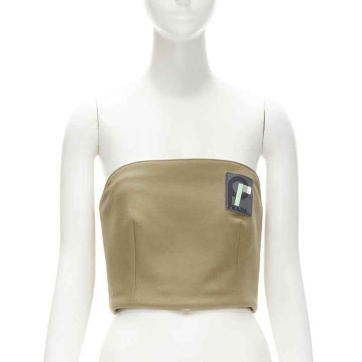 PRADA 2018 brown Sports Logo rubber badge wool strapless bustier S