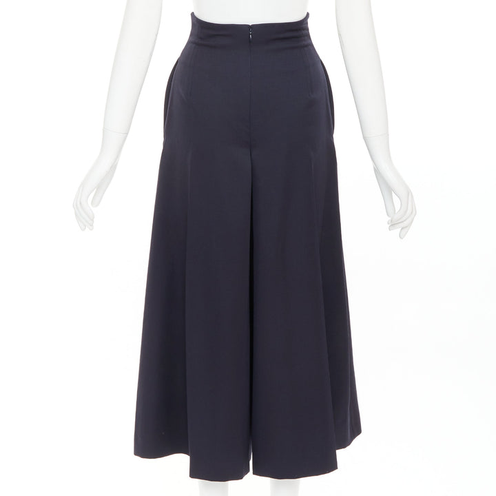 ALEXANDER MCQUEEN navy virgin wool box pleat wide leg cropped pants IT34 XXS