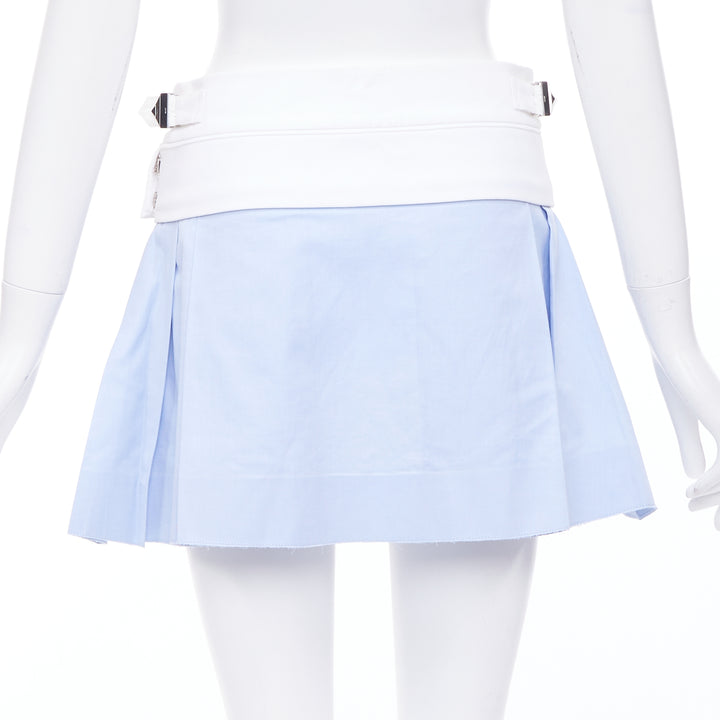 ALEXANDER WANG blue pleated white waistband silver buckle mini skirt US2 S