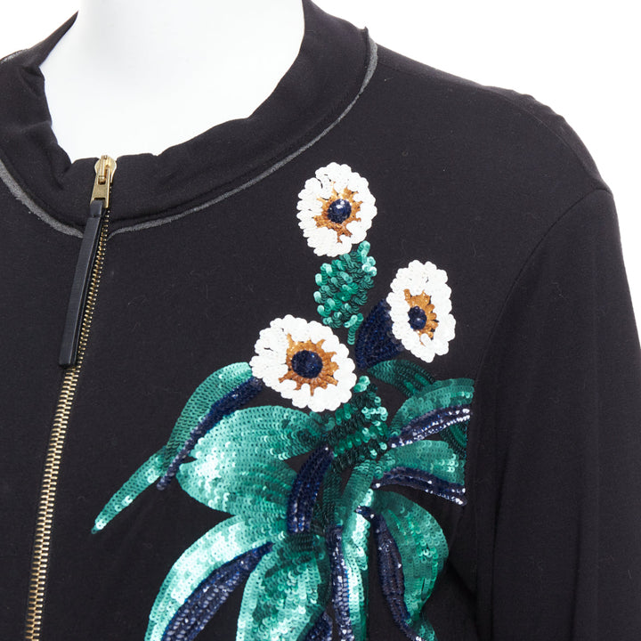 MARNI black white green sequins flower leather zip jersey jacket IT42 M