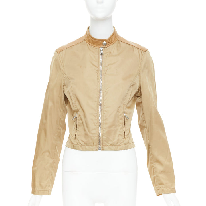 PRADA Vintage 2000's tan lambskin trim nylon moto jacket L
