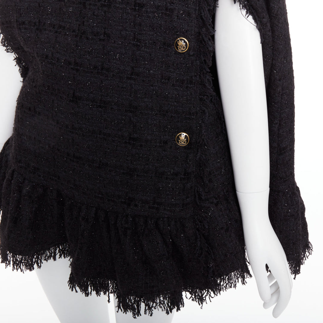 MSGM black tweed gold varsity buttons fringe trim cape coat IT38 XS