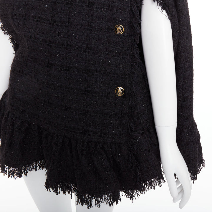 MSGM black tweed gold varsity buttons fringe trim cape coat IT38 XS