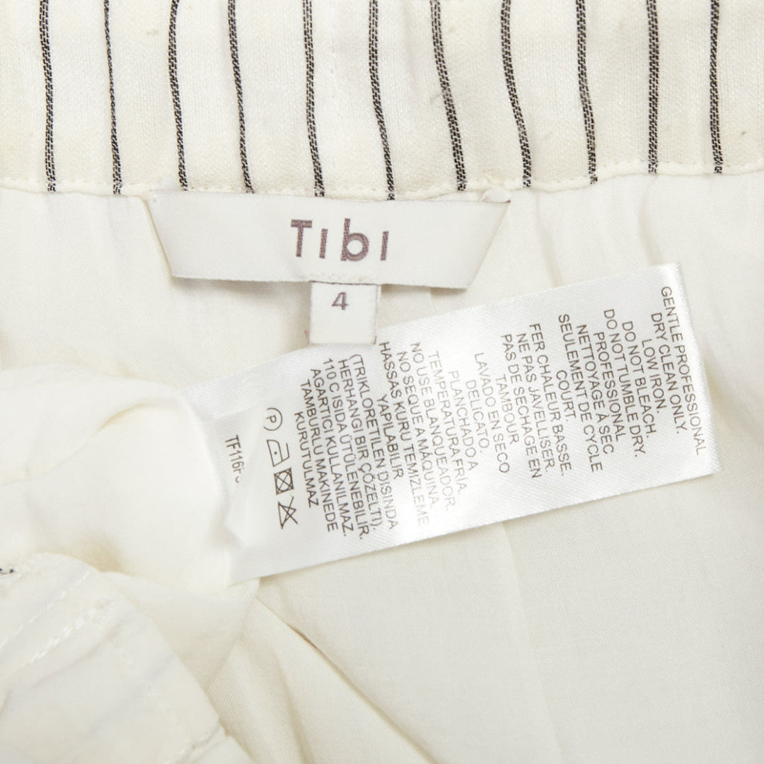 TIBI cream grey pinstriped off shoulder black contrast tie waist dress US4 S
