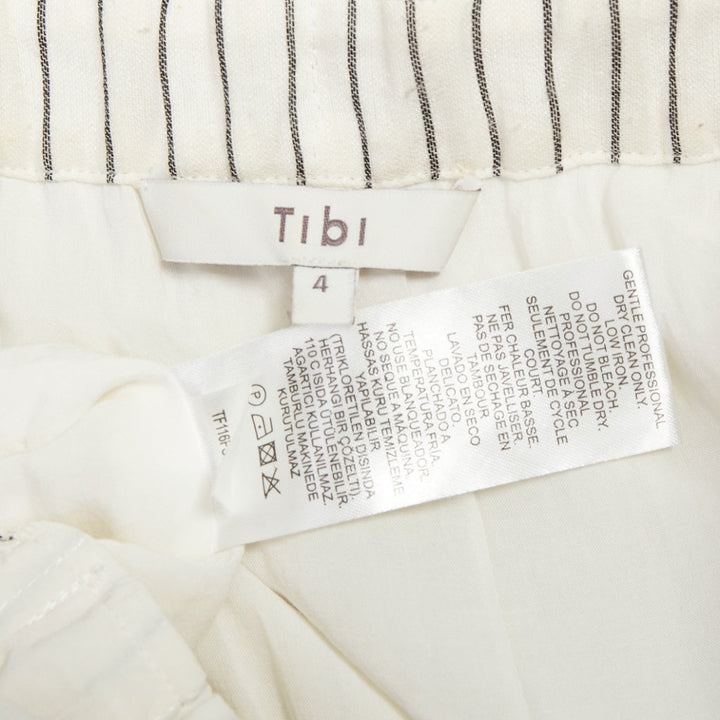 TIBI cream grey pinstriped off shoulder black contrast tie waist dress US4 S