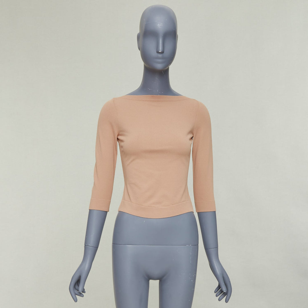 ALAIA tan nude viscose blend cropped sleeved bateau neck sweater FR36 S