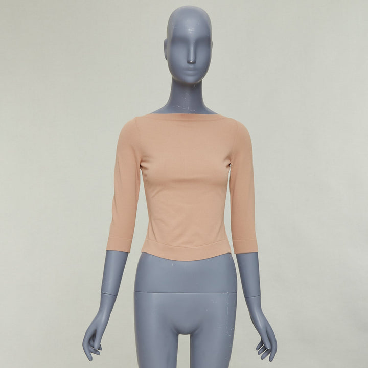 ALAIA tan nude viscose blend cropped sleeved bateau neck sweater FR36 S