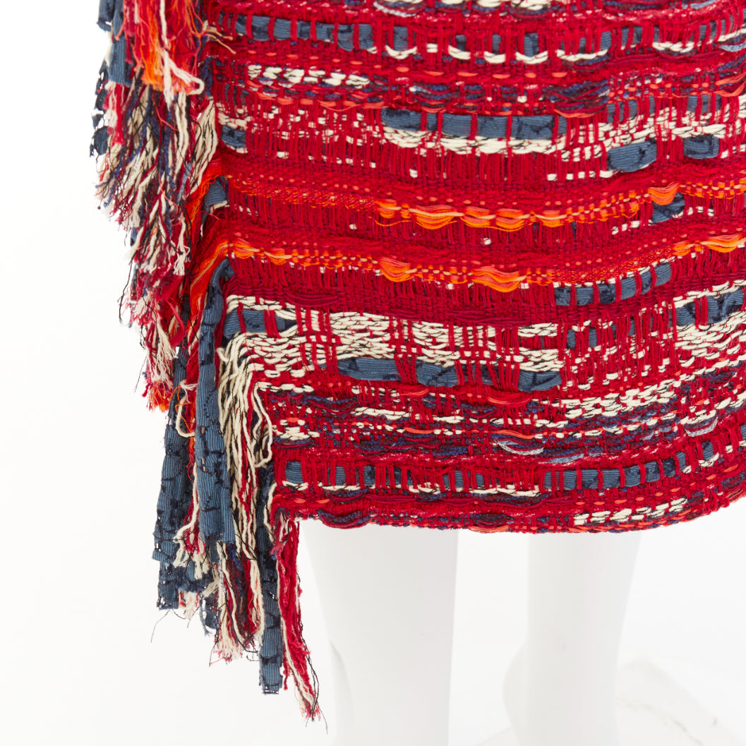 CHANEL 2013 Paris Dallas red multicolor cotton tweed fringe wrap skirt FR40 L