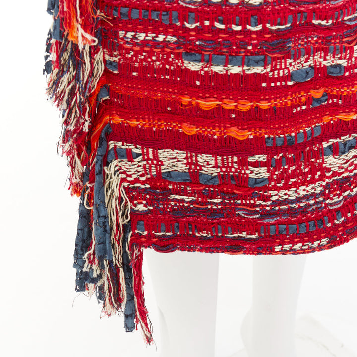 CHANEL 2013 Paris Dallas red multicolor cotton tweed fringe wrap skirt FR40 L