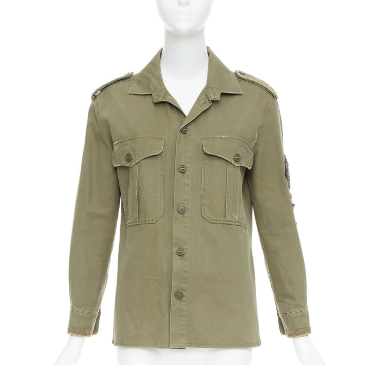 SAINT LAURENT 2018 green cotton military charms badge over shirt FR38 M