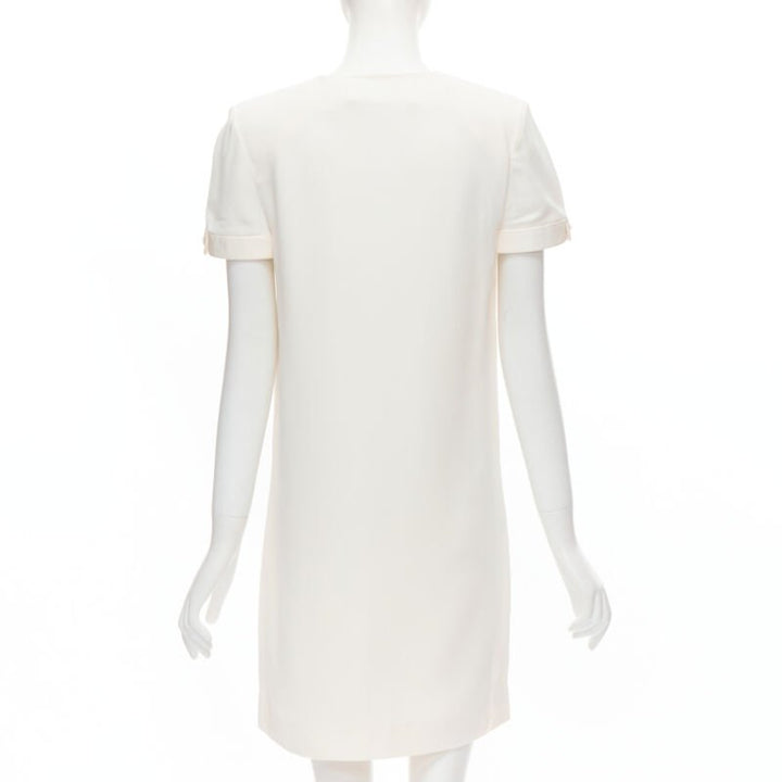 SAINT LAURENT 2013 Hedi Slimane ivory crepe leather trimmed V-neck dress FR36 S